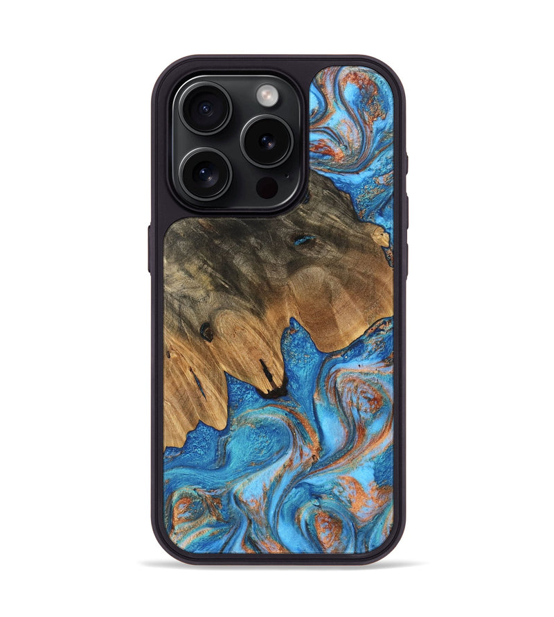 iPhone 15 Pro Wood Phone Case - Daisy (Teal & Gold, 746109)