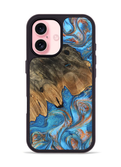 iPhone 16 Wood Phone Case - Daisy (Teal & Gold, 746109)