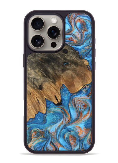 iPhone 16 Pro Max Wood Phone Case - Daisy (Teal & Gold, 746109)