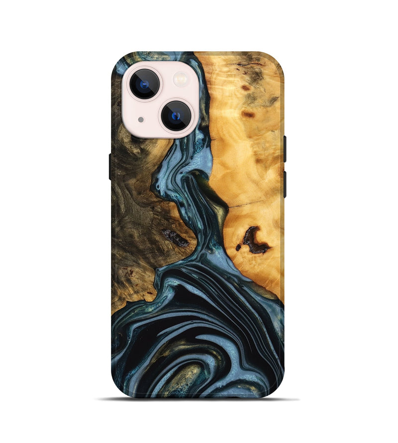 iPhone 13 mini Wood Live Edge Phone Case - Juliet (Teal & Gold, 746287)