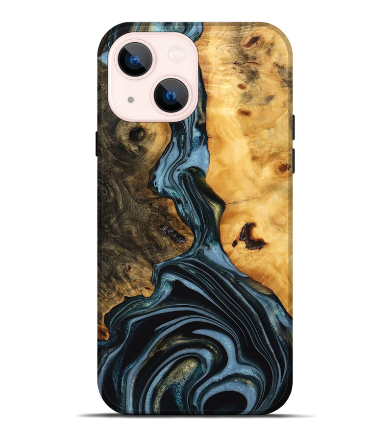 iPhone 14 Plus Wood Live Edge Phone Case - Juliet (Teal & Gold, 746287)