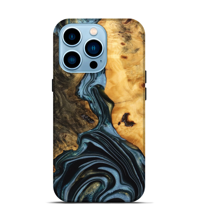 iPhone 14 Pro Wood Live Edge Phone Case - Juliet (Teal & Gold, 746287)