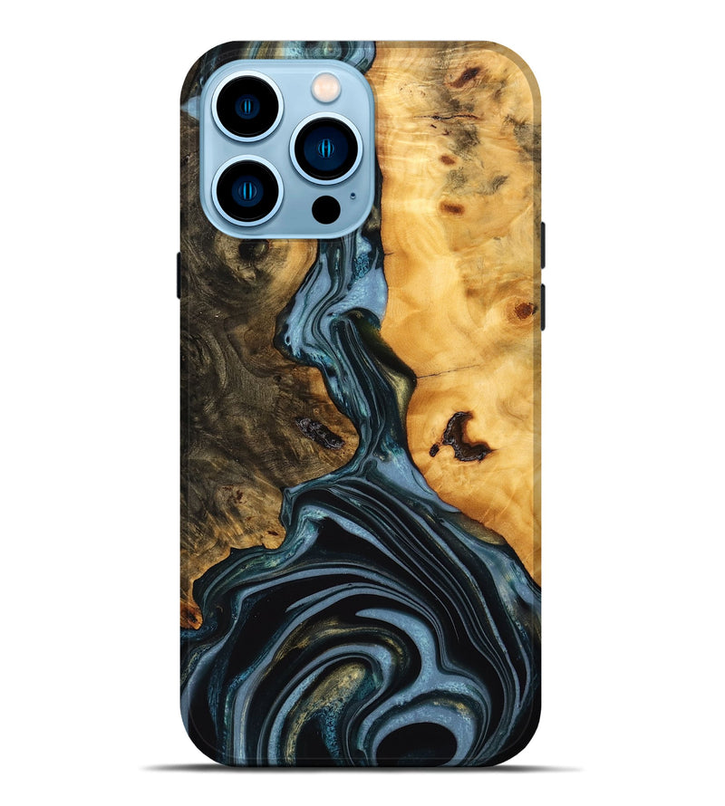 iPhone 14 Pro Max Wood Live Edge Phone Case - Juliet (Teal & Gold, 746287)