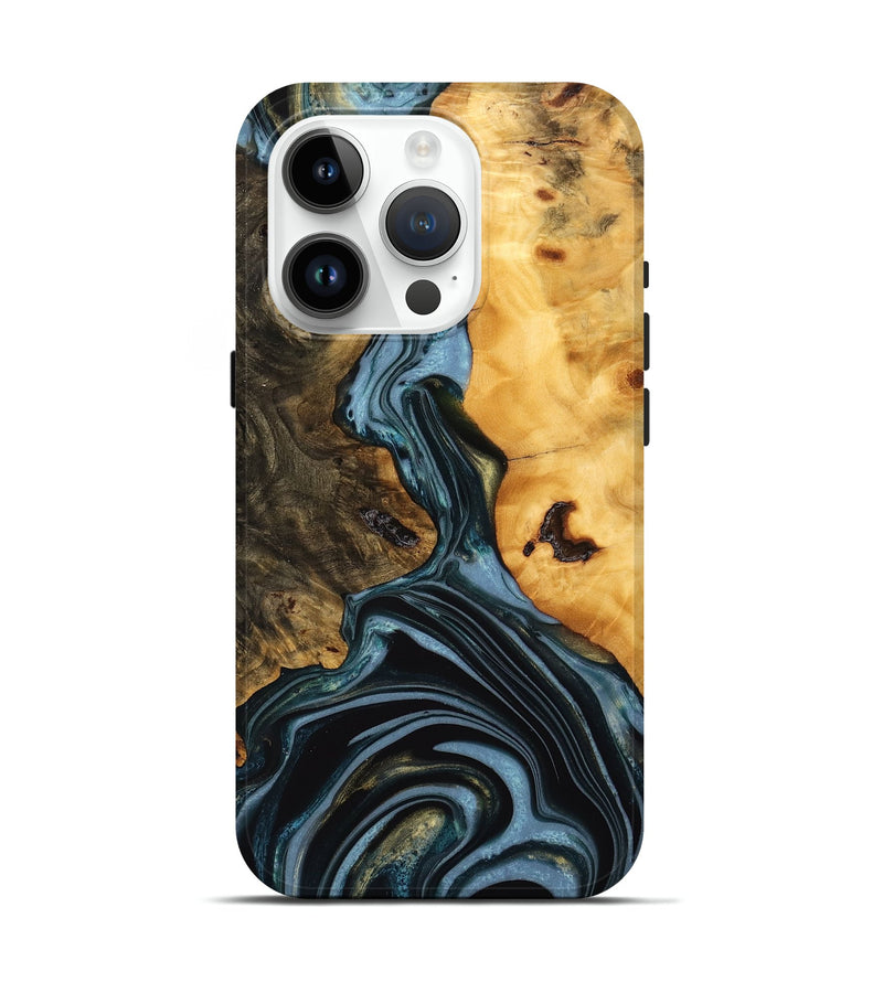 iPhone 15 Pro Wood Live Edge Phone Case - Juliet (Teal & Gold, 746287)