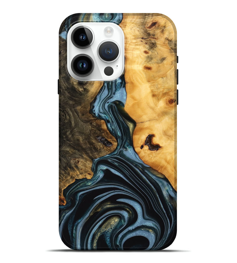 iPhone 15 Pro Max Wood Live Edge Phone Case - Juliet (Teal & Gold, 746287)