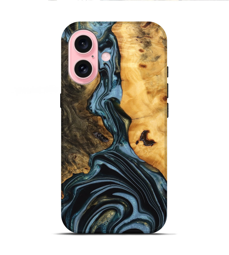 iPhone 16 Wood Live Edge Phone Case - Juliet (Teal & Gold, 746287)