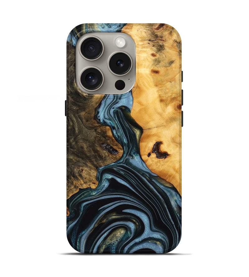 iPhone 16 Pro Wood Live Edge Phone Case - Juliet (Teal & Gold, 746287)