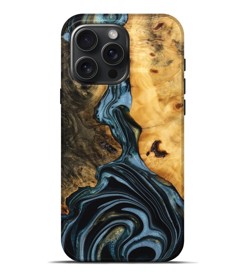 iPhone 16 Pro Max Wood Live Edge Phone Case - Juliet (Teal & Gold, 746287)