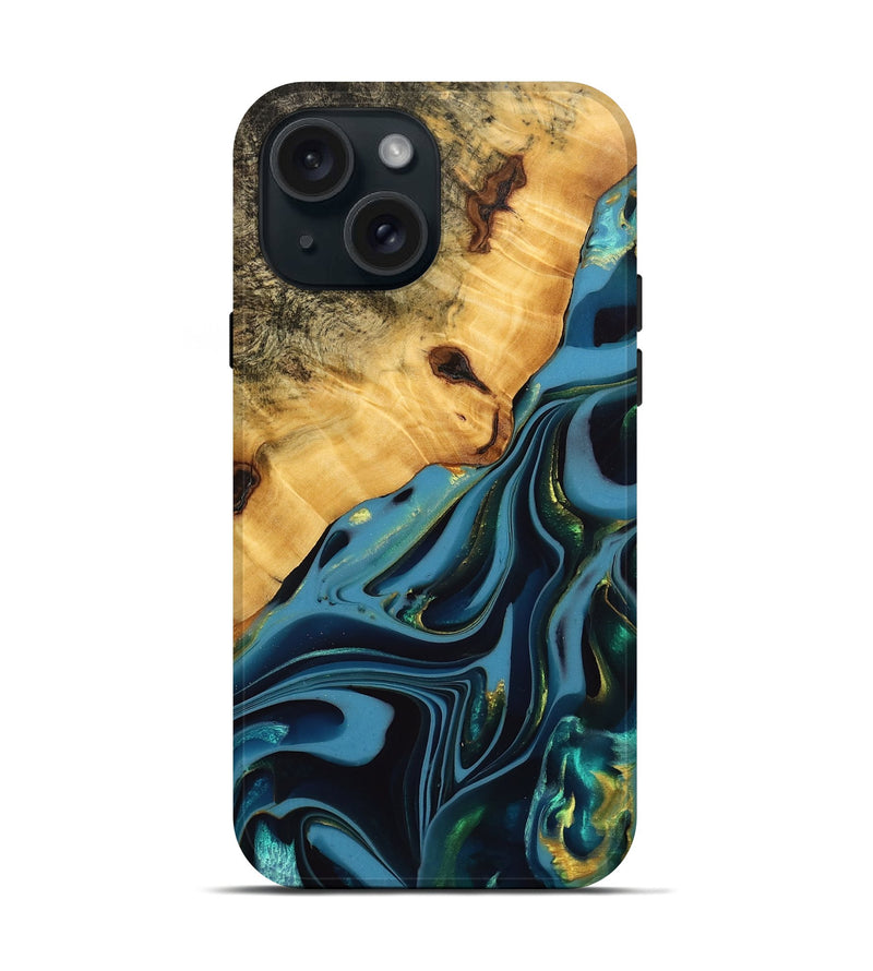 iPhone 15 Wood Live Edge Phone Case - Rhys (Blue, 746303)