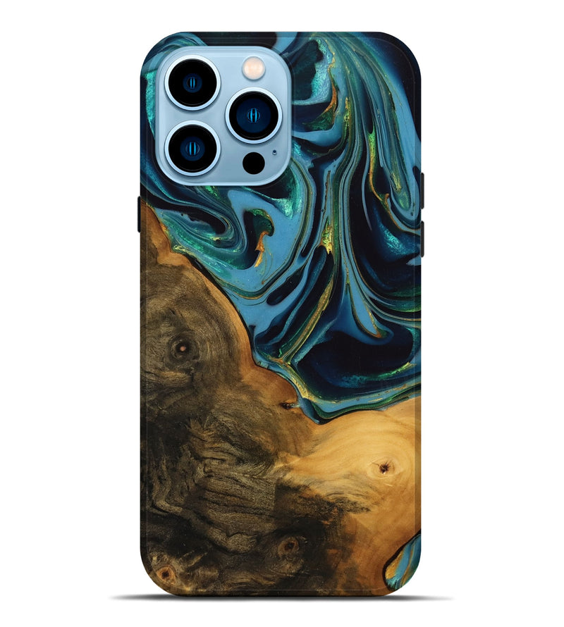 iPhone 14 Pro Max Wood Live Edge Phone Case - Collins (Teal & Gold, 746304)