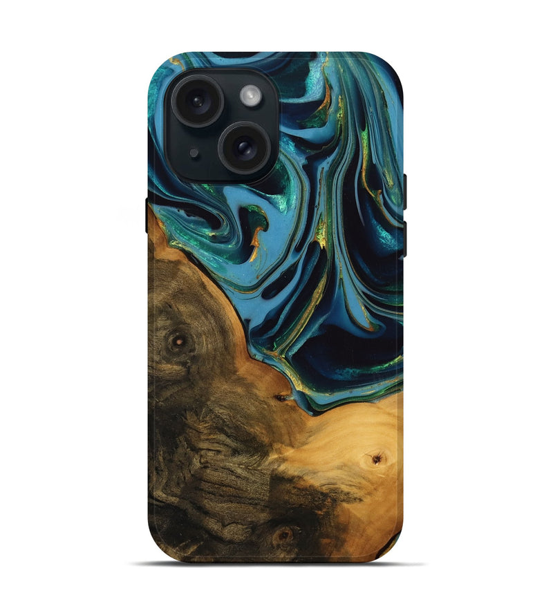 iPhone 15 Wood Live Edge Phone Case - Collins (Teal & Gold, 746304)