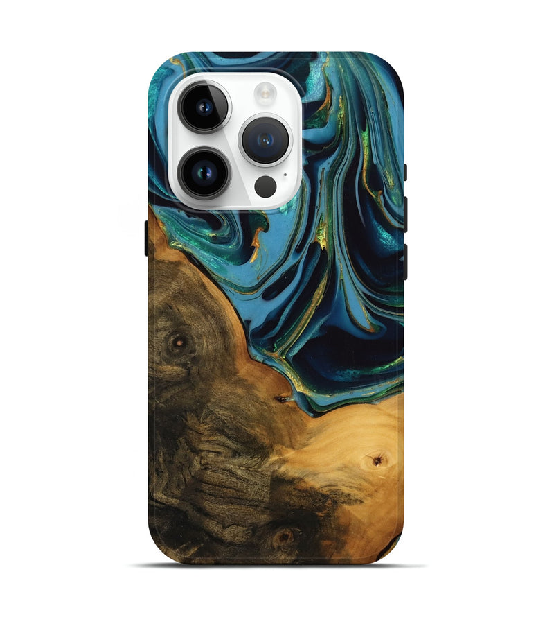 iPhone 15 Pro Wood Live Edge Phone Case - Collins (Teal & Gold, 746304)