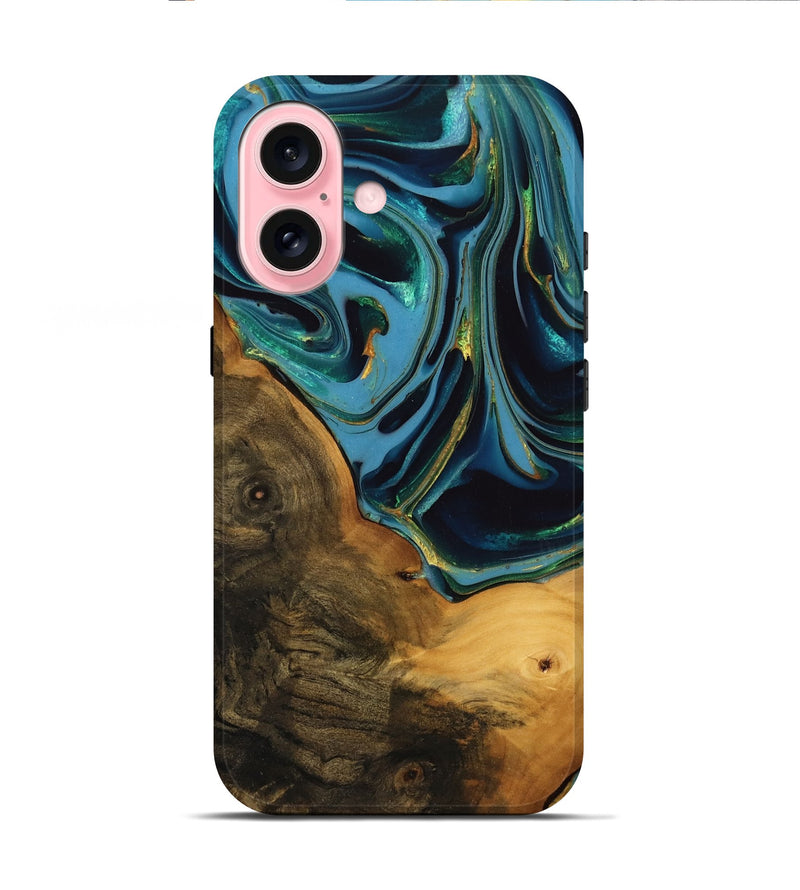 iPhone 16 Wood Live Edge Phone Case - Collins (Teal & Gold, 746304)