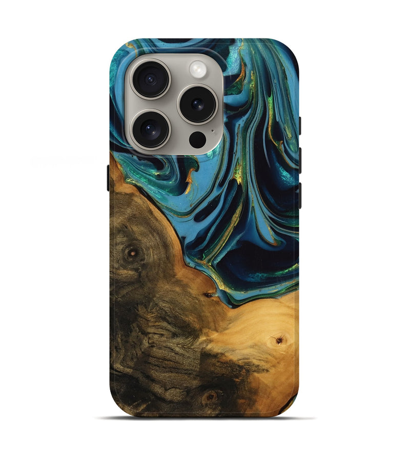 iPhone 16 Pro Wood Live Edge Phone Case - Collins (Teal & Gold, 746304)