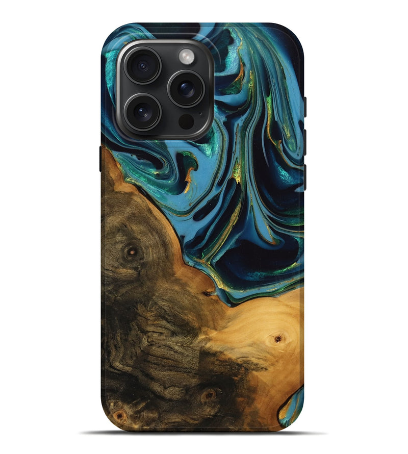 iPhone 16 Pro Max Wood Live Edge Phone Case - Collins (Teal & Gold, 746304)