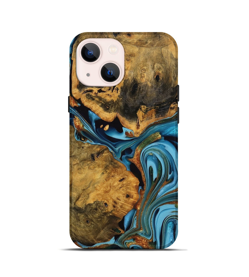 iPhone 13 mini Wood Live Edge Phone Case - Roxanne (Teal & Gold, 746305)