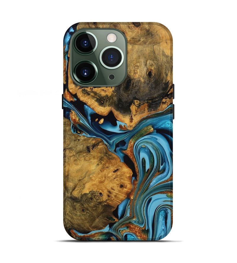 iPhone 13 Pro Wood Live Edge Phone Case - Roxanne (Teal & Gold, 746305)