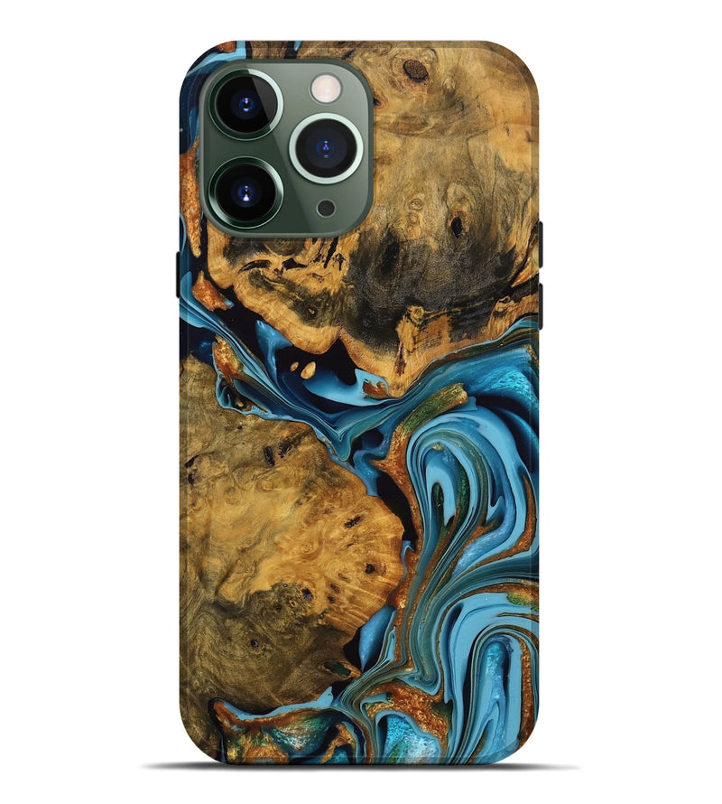 iPhone 13 Pro Max Wood Live Edge Phone Case - Roxanne (Teal & Gold, 746305)