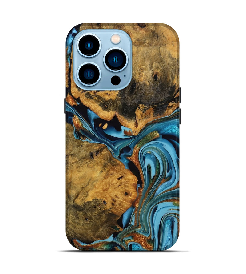 iPhone 14 Pro Wood Live Edge Phone Case - Roxanne (Teal & Gold, 746305)