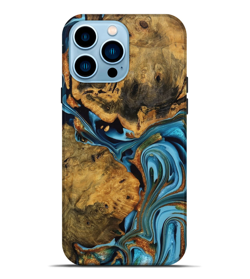 iPhone 14 Pro Max Wood Live Edge Phone Case - Roxanne (Teal & Gold, 746305)