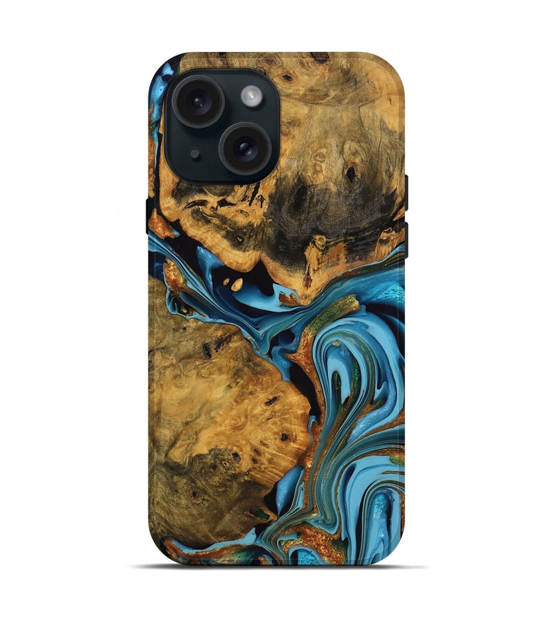 iPhone 15 Wood Live Edge Phone Case - Roxanne (Teal & Gold, 746305)