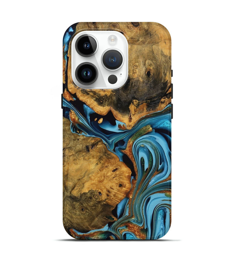 iPhone 15 Pro Wood Live Edge Phone Case - Roxanne (Teal & Gold, 746305)