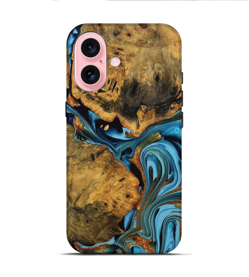 iPhone 16 Wood Live Edge Phone Case - Roxanne (Teal & Gold, 746305)