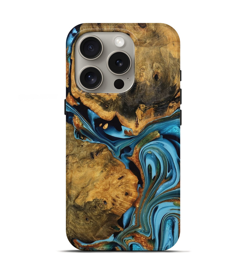 iPhone 16 Pro Wood Live Edge Phone Case - Roxanne (Teal & Gold, 746305)