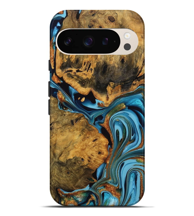 Pixel 9 Pro XL Wood Live Edge Phone Case - Roxanne (Teal & Gold, 746305)