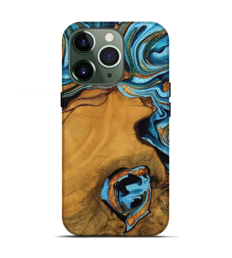 iPhone 13 Pro Wood Live Edge Phone Case - Noe (Teal & Gold, 746306)