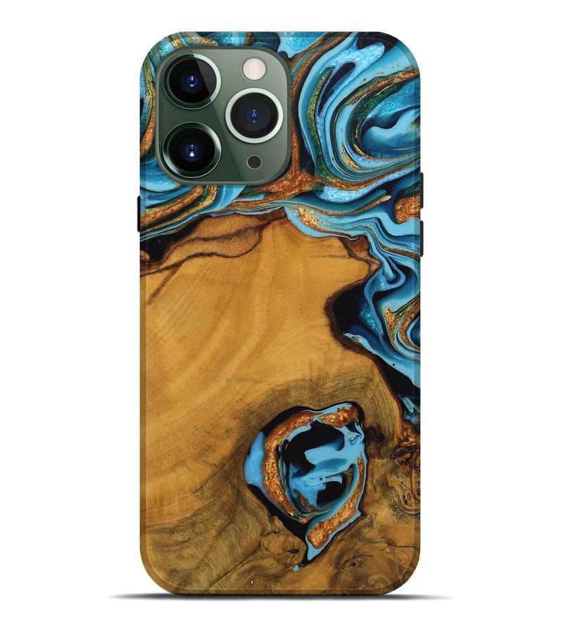 iPhone 13 Pro Max Wood Live Edge Phone Case - Noe (Teal & Gold, 746306)