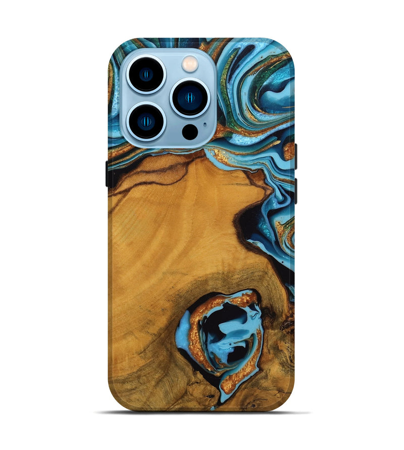 iPhone 14 Pro Wood Live Edge Phone Case - Noe (Teal & Gold, 746306)