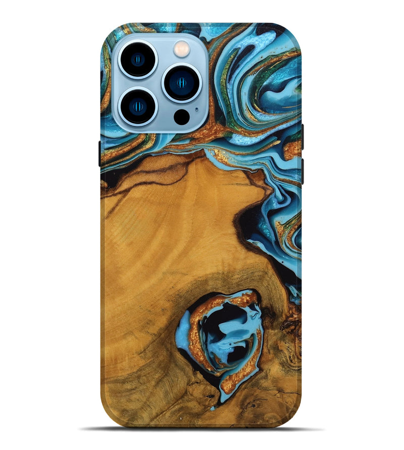 iPhone 14 Pro Max Wood Live Edge Phone Case - Noe (Teal & Gold, 746306)