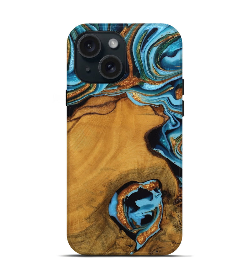 iPhone 15 Wood Live Edge Phone Case - Noe (Teal & Gold, 746306)