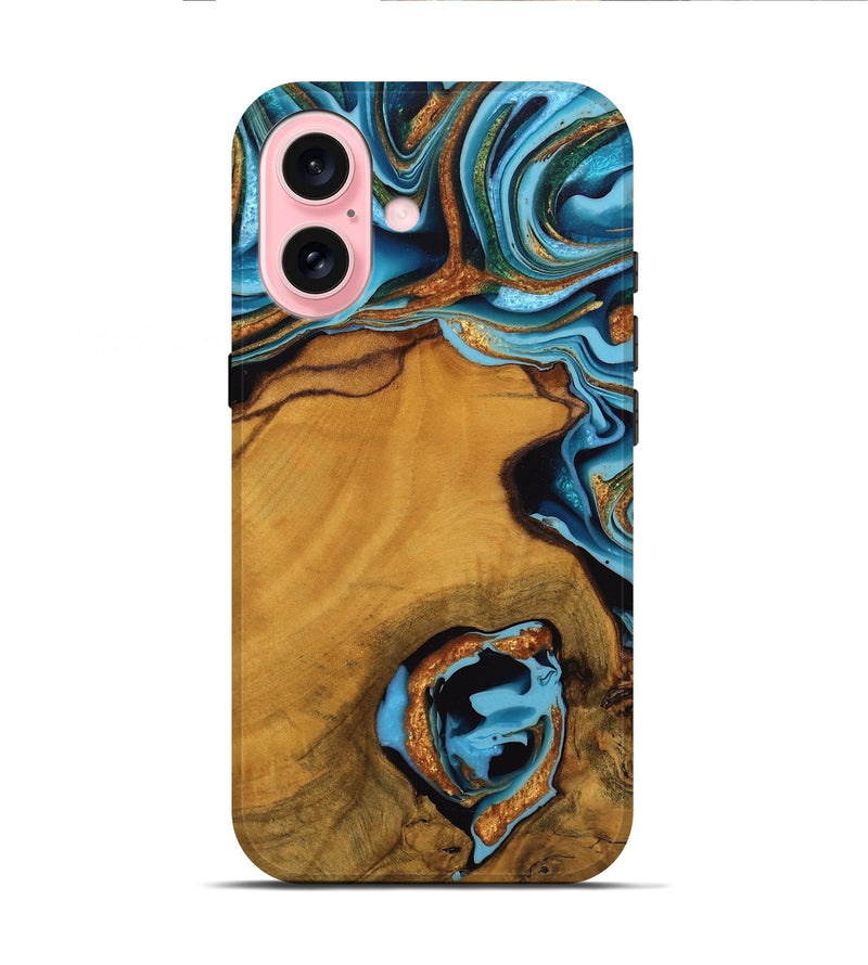 iPhone 16 Wood Live Edge Phone Case - Noe (Teal & Gold, 746306)