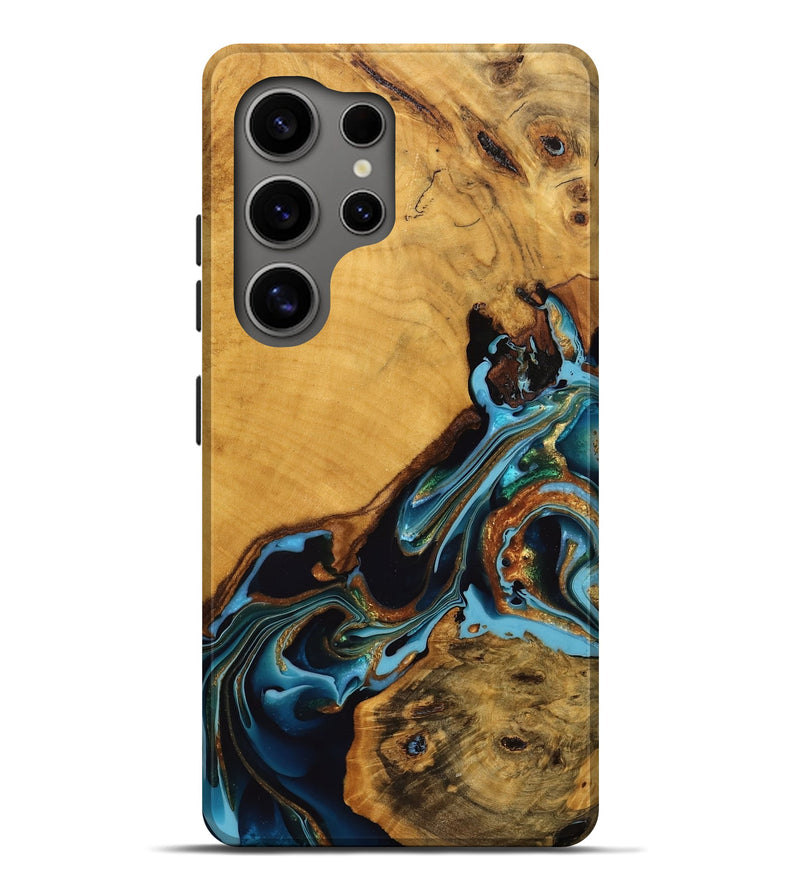 Galaxy S25 Ultra Wood Live Edge Phone Case - Elena (Teal & Gold, 746307)