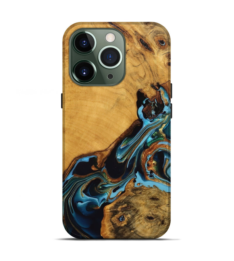 iPhone 13 Pro Wood Live Edge Phone Case - Elena (Teal & Gold, 746307)