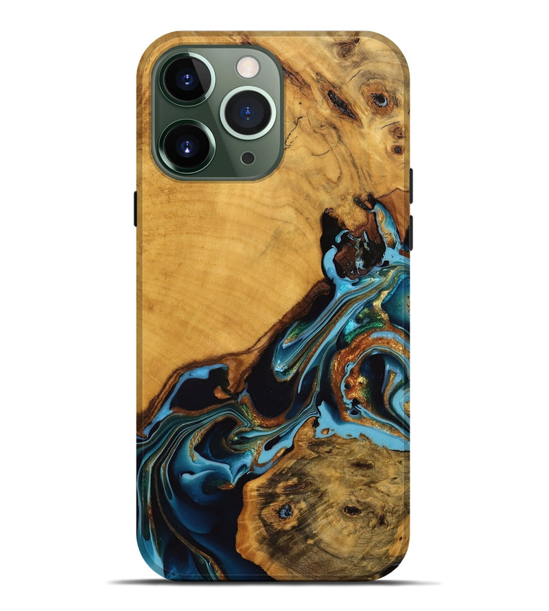 iPhone 13 Pro Max Wood Live Edge Phone Case - Elena (Teal & Gold, 746307)