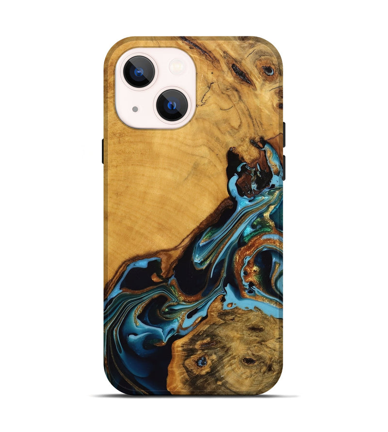 iPhone 14 Wood Live Edge Phone Case - Elena (Teal & Gold, 746307)