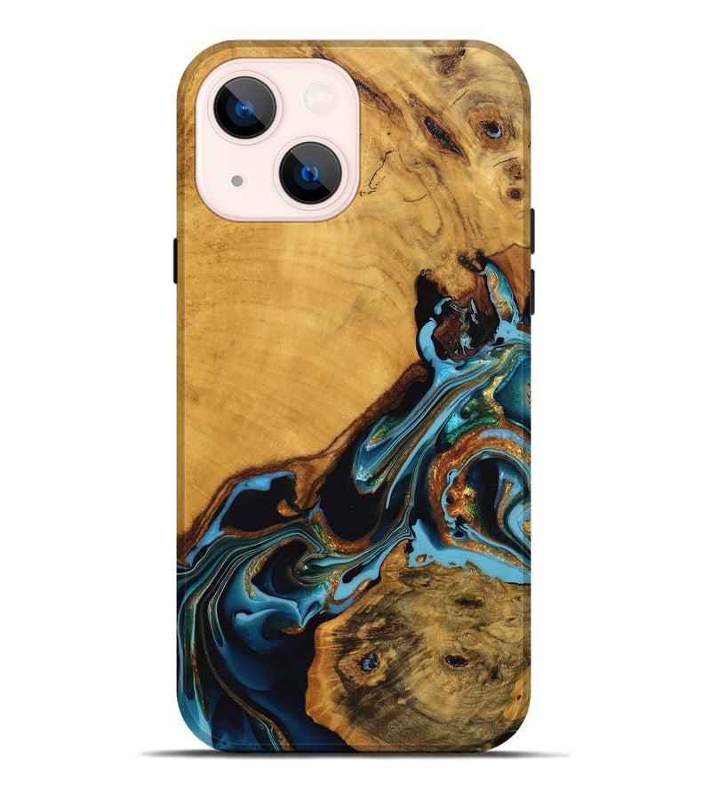 iPhone 14 Plus Wood Live Edge Phone Case - Elena (Teal & Gold, 746307)