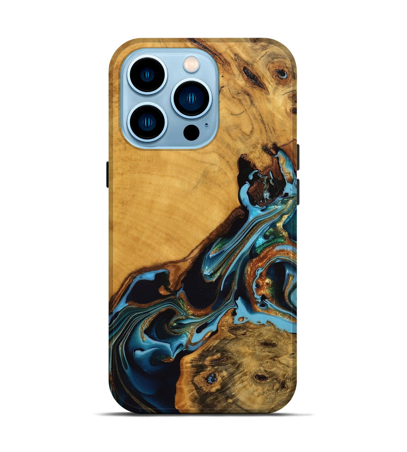 iPhone 14 Pro Wood Live Edge Phone Case - Elena (Teal & Gold, 746307)