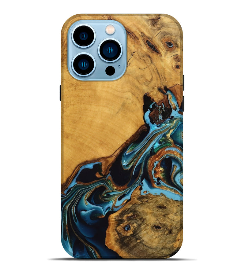 iPhone 14 Pro Max Wood Live Edge Phone Case - Elena (Teal & Gold, 746307)