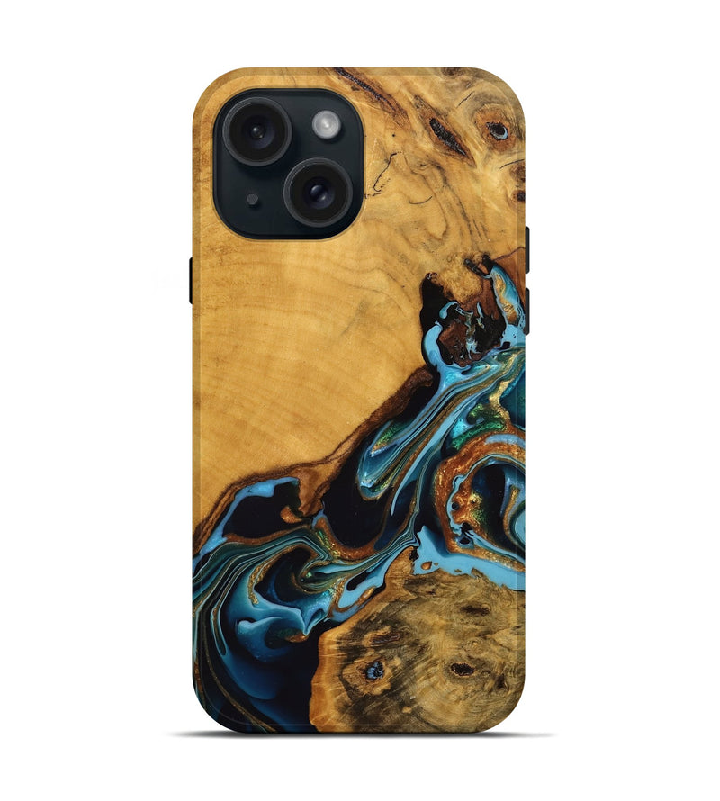 iPhone 15 Wood Live Edge Phone Case - Elena (Teal & Gold, 746307)