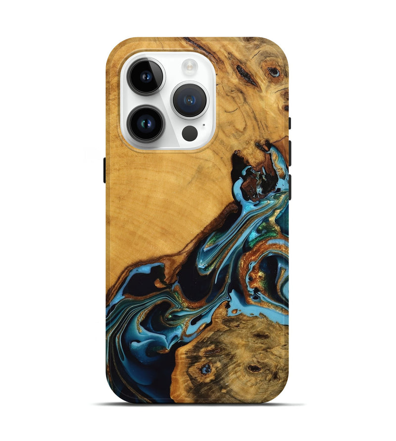 iPhone 15 Pro Wood Live Edge Phone Case - Elena (Teal & Gold, 746307)