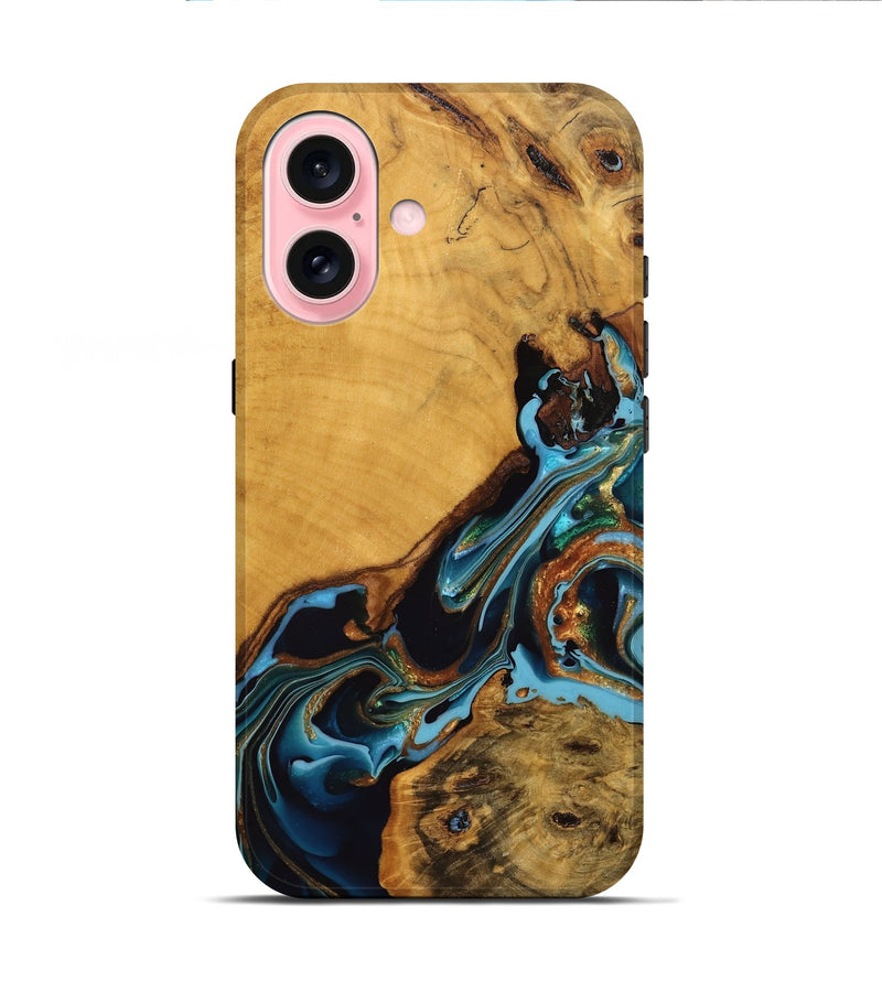 iPhone 16 Wood Live Edge Phone Case - Elena (Teal & Gold, 746307)