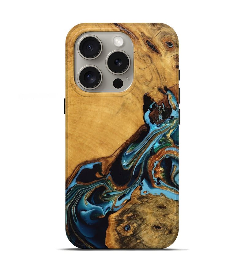 iPhone 16 Pro Wood Live Edge Phone Case - Elena (Teal & Gold, 746307)