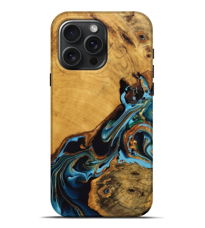 iPhone 16 Pro Max Wood Live Edge Phone Case - Elena (Teal & Gold, 746307)