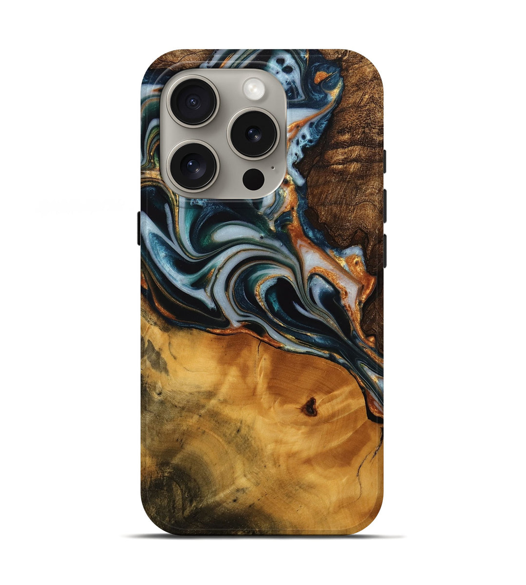 iPhone 16 Pro Wood Live Edge Phone Case - Leisa (Teal & Gold, 746309)