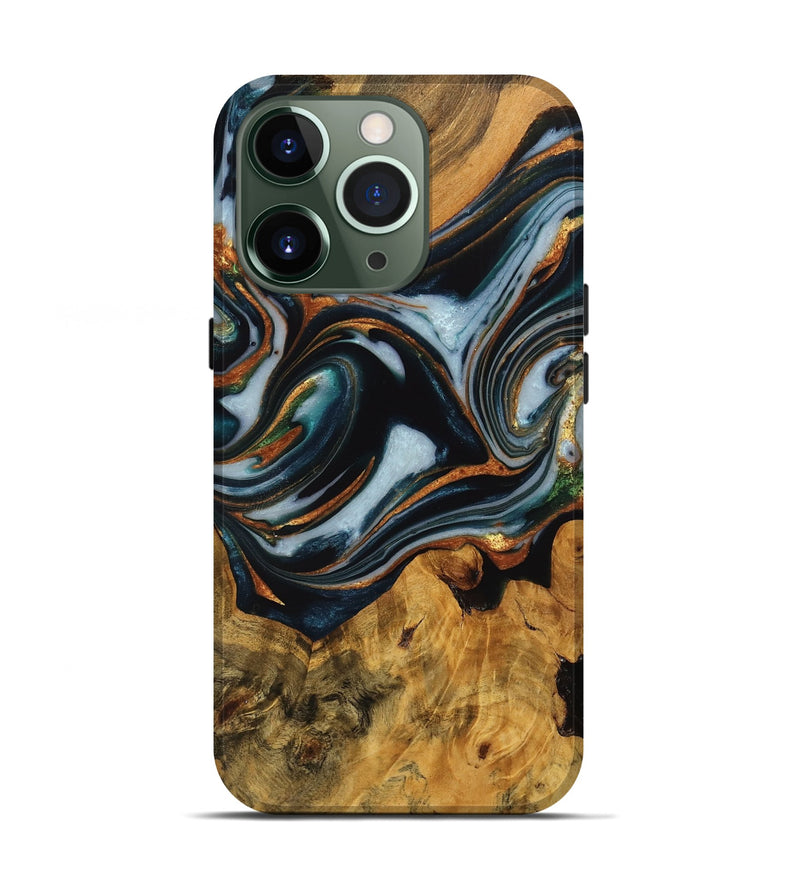 iPhone 13 Pro Wood Live Edge Phone Case - Debi (Teal & Gold, 746310)