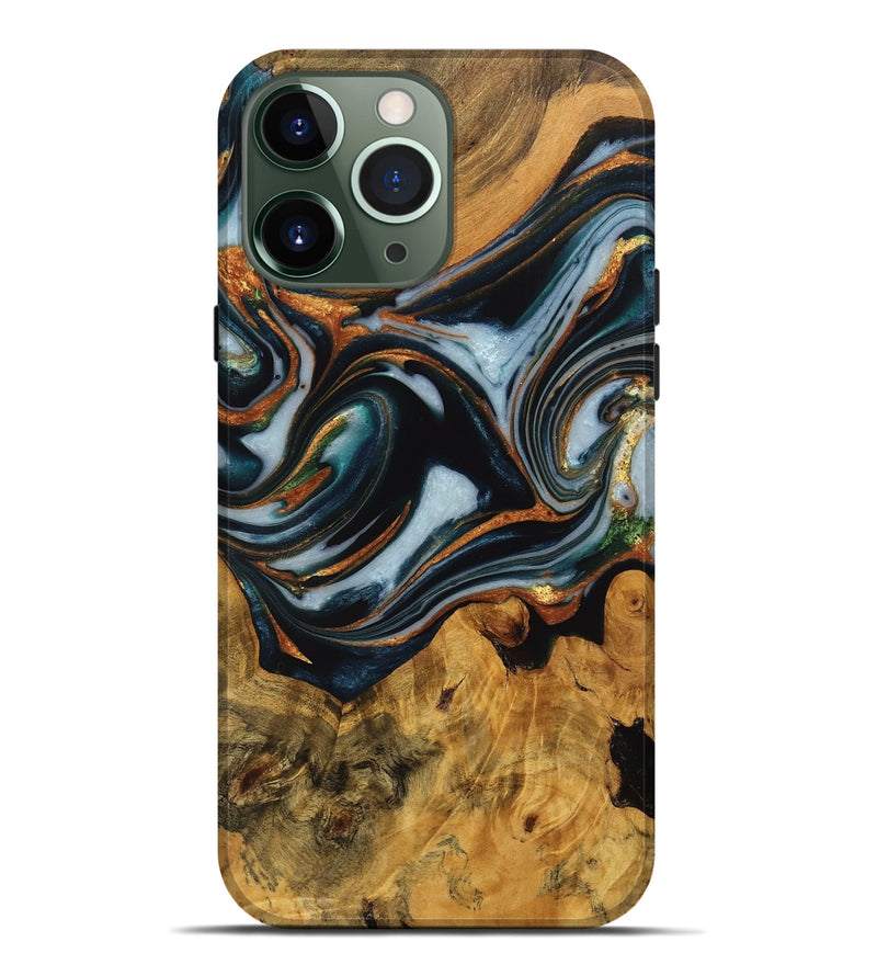 iPhone 13 Pro Max Wood Live Edge Phone Case - Debi (Teal & Gold, 746310)